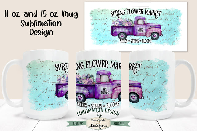 Spring Flower Market Plaid Truck - 11 and 15 oz. Sublimation Mug Design Sublimation Ewe-N-Me Designs 