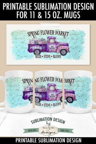 Spring Flower Market Plaid Truck - 11 and 15 oz. Sublimation Mug Design Sublimation Ewe-N-Me Designs 