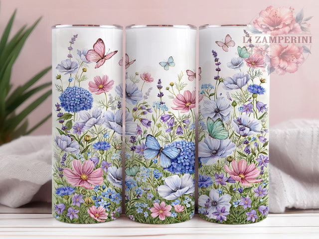 Spring Flower Scene 20oz Tumbler, Butterfly Scene, Pastel Wildflowers, White Poppies, Blue Blossoms, Skinny Tumbler, Sublimation PNG Sublimation Li Zamperini 