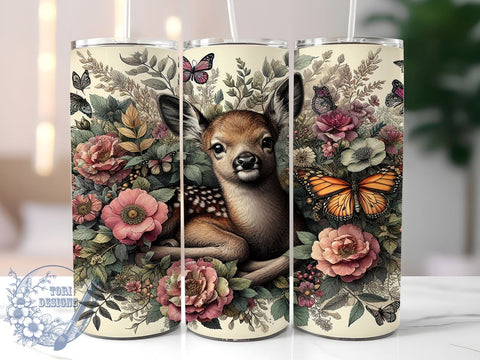 Spring Flowers Baby Deer 20oz Skinny Tumbler, Cute Animals Tumbler Png, Straight & Tapered Tumbler Wrap, Instant Digital Download Sublimation ToriDesigns 