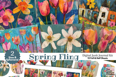 Spring Flowers Digital Junk Journal Kit Half Pages | Easter Digital Pattern Fine Purple Elephant Creations 