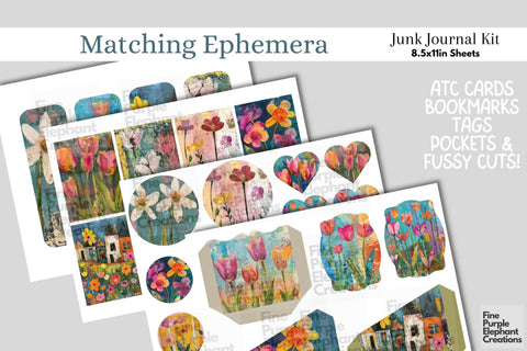 Spring Flowers Digital Junk Journal Kit Half Pages | Easter Digital Pattern Fine Purple Elephant Creations 