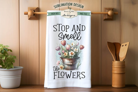 Spring Flowers in Rustic Buckets | Kitchen Towel Sublimation Sublimation Ewe-N-Me Designs 