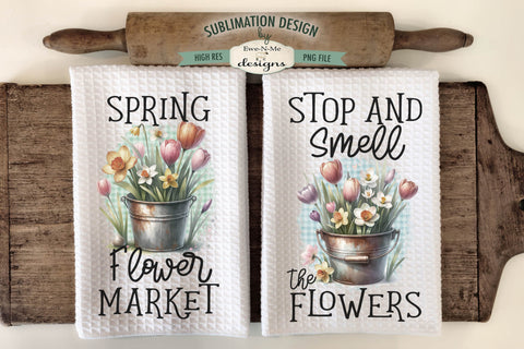 Spring Flowers in Rustic Buckets | Kitchen Towel Sublimation Sublimation Ewe-N-Me Designs 