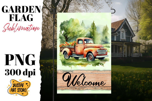 Spring garden flag. Watercolor truck sublimation design Sublimation Yustaf Art Store 