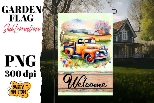 Spring garden flag. Watercolor truck sublimation design Sublimation Yustaf Art Store 