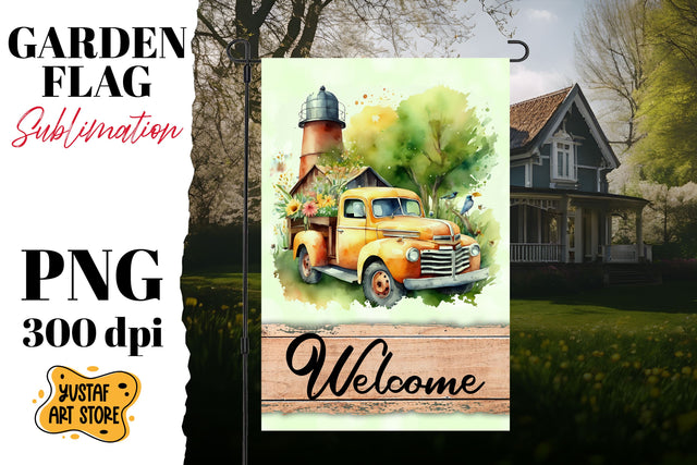 Spring garden flag. Watercolor truck sublimation design Sublimation Yustaf Art Store 