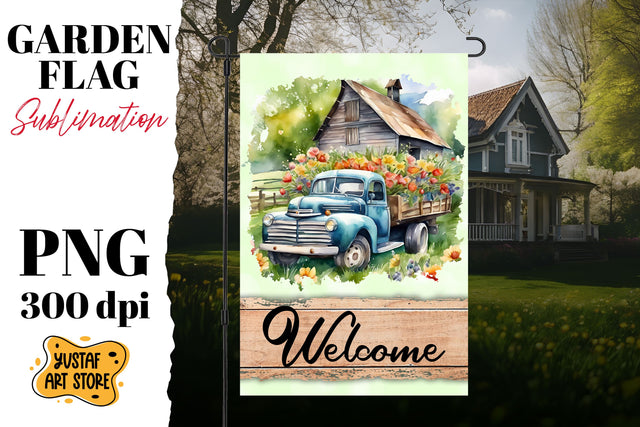 Spring garden flag. Watercolor truck sublimation design Sublimation Yustaf Art Store 