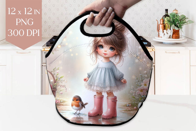 Spring Girl & Robin Lunch Bag PNG Sublimation BijouBay 