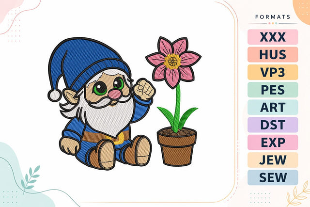 Spring Gnome with Flower Embroidery Design - Cute Garden Gnome Embroidery/Applique DESIGNS sg embroidery 