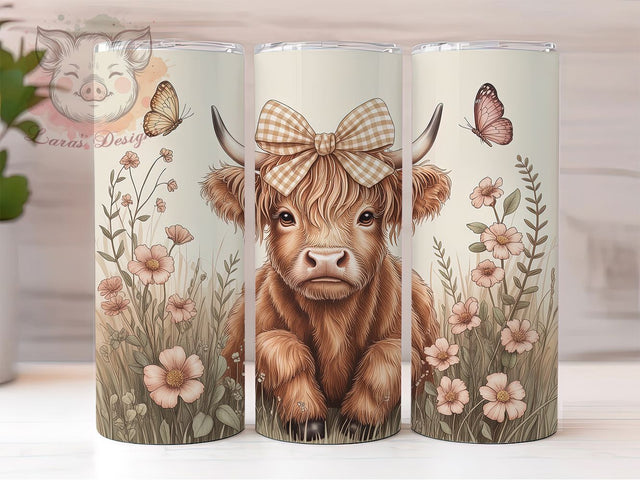 Spring Highland Cow Rustic 20oz Tumbler, Fluffy Cow, Brown Fur, Sweet Eyes, Rustic Farm, 20oz Tumbler Wrap, Sublimation PNG Sublimation Lara' s Designs 