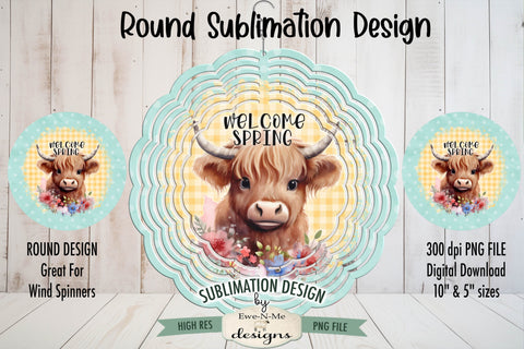 Spring Highland Wind Spinner Round Sublimation Design PNG Sublimation Ewe-N-Me Designs 