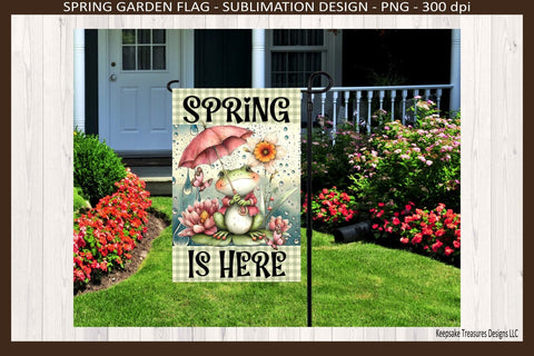 Spring Is Here Frog Garden Flag PNG – 12x18 Sublimation Design, Cute Frog Spring Showers Yard Decor, Digital Download Sublimation Keepsake Treasures Designs LLC. 