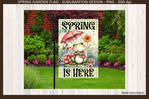 Spring Is Here Frog Garden Flag PNG – 12x18 Sublimation Design, Cute Frog Spring Showers Yard Decor, Digital Download Sublimation Keepsake Treasures Designs LLC. 