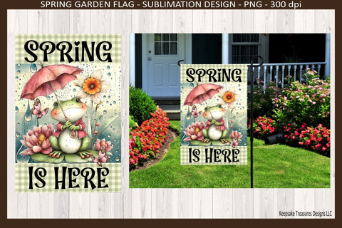 Spring Is Here Frog Garden Flag PNG – 12x18 Sublimation Design, Cute Frog Spring Showers Yard Decor, Digital Download Sublimation Keepsake Treasures Designs LLC. 