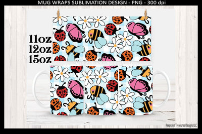Spring Ladybug Butterfly Mug Wrap PNG, Pink Floral Sublimation Design, 11oz 12oz 15oz Coffee Mug Template, Cute Spring Insects Art Sublimation Keepsake Treasures Designs LLC. 