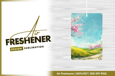 Spring Landscape Illustration with Pink Cherry Blossoms and Green Hills Sublimation Regulrcrative 