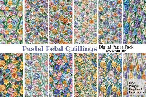 Spring Pastel Flower Quilling Pattern Digital Paper - Floral Digital Pattern Fine Purple Elephant Creations 