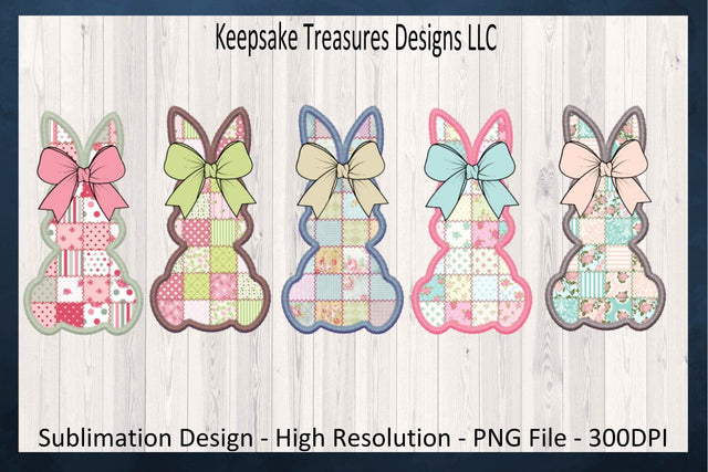 Spring Patch Work Bunnies, Sublimation PNG Design, Stitch Faux Embroidery, Coquette Bow, Easter Rabbit PNG, Sublimation Keepsake Treasures Designs LLC. 