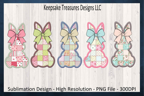 Spring Patch Work Bunnies, Sublimation PNG Design, Stitch Faux Embroidery, Coquette Bow, Easter Rabbit PNG, Sublimation Keepsake Treasures Designs LLC. 