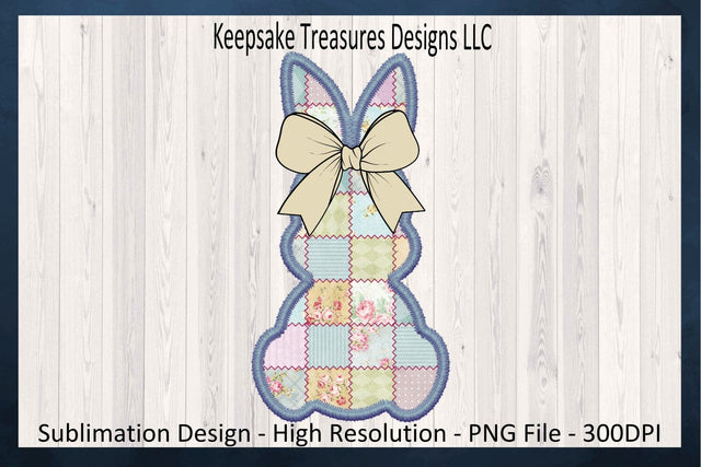 Spring Patch Work Bunny, Sublimation PNG Design, Blue Stitch Faux Embroidery, Coquette Bow, Easter Rabbit PNG, Sublimation Keepsake Treasures Designs LLC. 