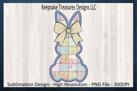 Spring Patch Work Bunny, Sublimation PNG Design, Blue Stitch Faux Embroidery, Coquette Bow, Easter Rabbit PNG, Sublimation Keepsake Treasures Designs LLC. 