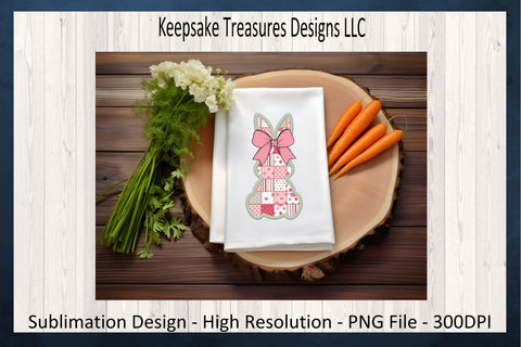 Spring Patch Work Bunny, Sublimation PNG Design, Mint Stitch Faux Embroidery, Coquette Bow, Easter Rabbit PNG, Sublimation Keepsake Treasures Designs LLC. 