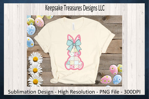 Spring Patch Work Bunny, Sublimation PNG Design, Pink Stitch Faux Embroidery, Coquette Bow, Easter Rabbit PNG, Sublimation Keepsake Treasures Designs LLC. 