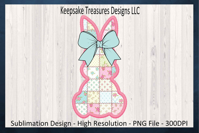 Spring Patch Work Bunny, Sublimation PNG Design, Pink Stitch Faux Embroidery, Coquette Bow, Easter Rabbit PNG, Sublimation Keepsake Treasures Designs LLC. 