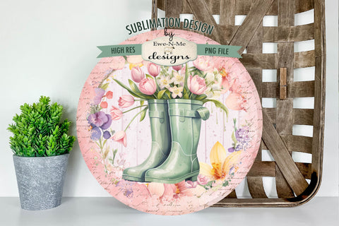Spring Rain Boots Flowers Sublimation Design | Door Hanger Design Sublimation Ewe-N-Me Designs 