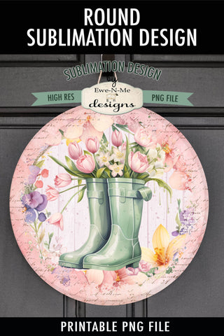 Spring Rain Boots Flowers Sublimation Design | Door Hanger Design Sublimation Ewe-N-Me Designs 