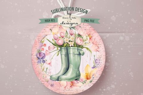 Spring Rain Boots Flowers Sublimation Design | Door Hanger Design Sublimation Ewe-N-Me Designs 