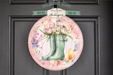 Spring Rain Boots Flowers Sublimation Design | Door Hanger Design Sublimation Ewe-N-Me Designs 