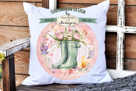 Spring Rain Boots Flowers Sublimation Design | Door Hanger Design Sublimation Ewe-N-Me Designs 