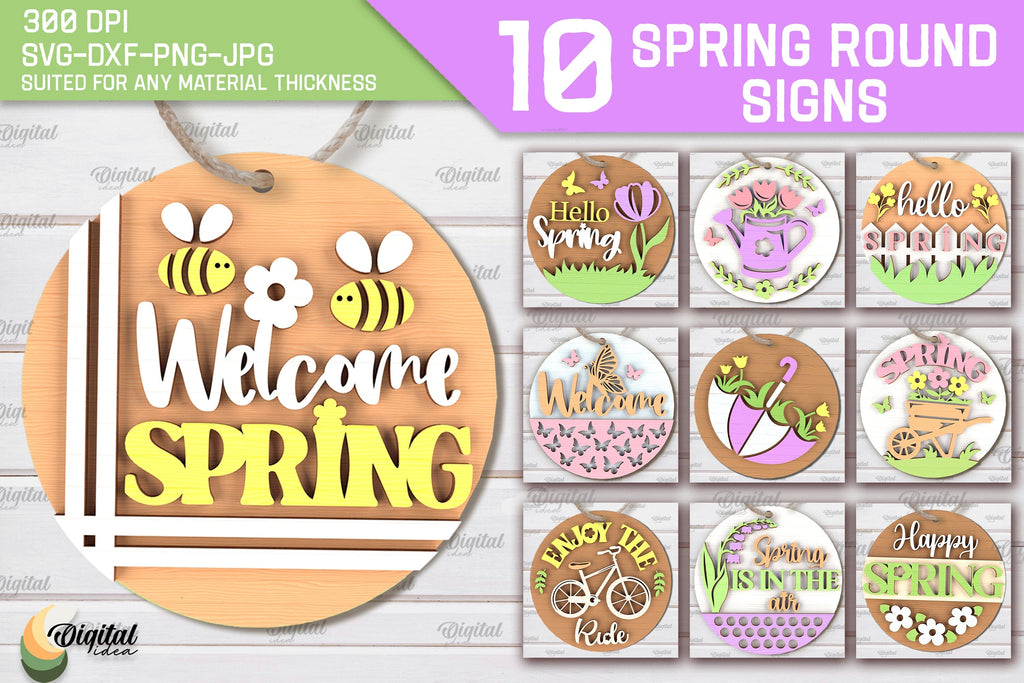 Spring Round Signs Laser Cut Bundle. Welcome Spring Signs SVG - So Fontsy