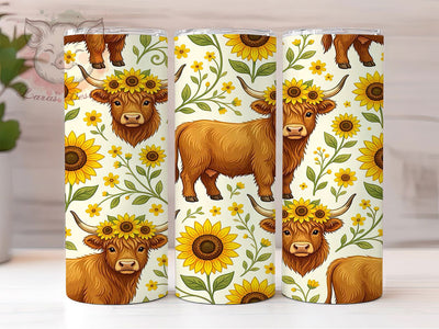 Spring Sunflower Highland Cow 20oz Tumbler, Highland Cow, Fluffy Cow, Rustic Charm, Sweet Expressions, 20oz Tumbler Wrap, Sublimation PNG Sublimation Lara' s Designs 