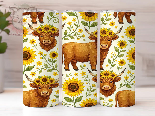 Spring Sunflower Highland Cow 20oz Tumbler, Highland Cow, Fluffy Cow, Rustic Charm, Sweet Expressions, 20oz Tumbler Wrap, Sublimation PNG Sublimation Lara' s Designs 