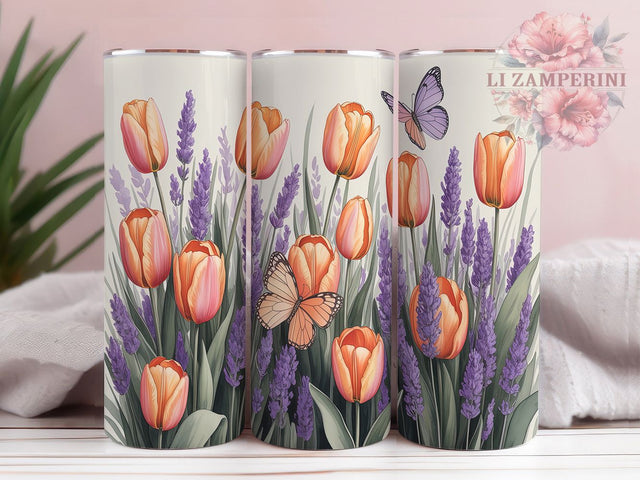 Spring Tulip Butterfly Garden Tumbler Wrap, Garden Butterfly Art, Tulip Pattern Cup, Floral Garden Gift, Purple Orange Pattern, Nature Lover Tumbler, Spring Garden Wrap Sublimation Li Zamperini 