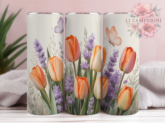 Spring Tulip Butterfly Garden Tumbler Wrap, Garden Butterfly Art, Tulip Pattern Cup, Floral Garden Gift, Purple Orange Pattern, Nature Lover Tumbler, Spring Garden Wrap Sublimation Li Zamperini 