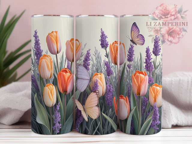 Spring Tulip Butterfly Garden Tumbler Wrap, Garden Butterfly Art, Tulip Pattern Cup, Floral Garden Gift, Purple Orange Pattern, Nature Lover Tumbler, Spring Garden Wrap Sublimation Li Zamperini 