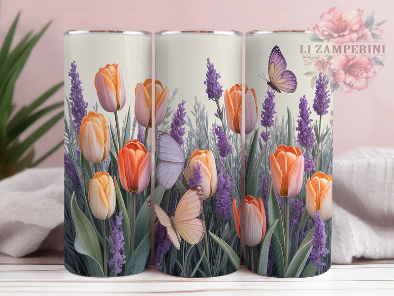 Spring Tulip Butterfly Garden Tumbler Wrap, Garden Butterfly Art, Tulip Pattern Cup, Floral Garden Gift, Purple Orange Pattern, Nature Lover Tumbler, Spring Garden Wrap Sublimation Li Zamperini 