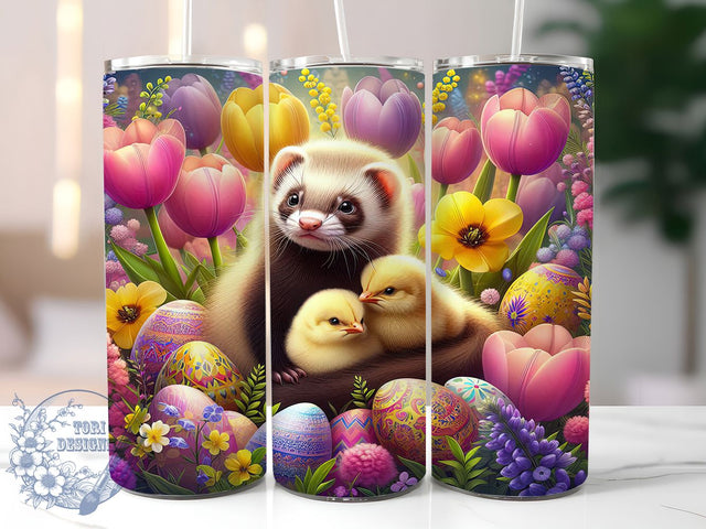 Spring Tulip Easter Ferret Tumbler, Cute Ferret Tumbler, Spring Animal Wrap, Rustic Ferret Wrap, Tulip Wildlife Wrap, Sublimation Design, Trendy Gift Idea Sublimation ToriDesigns 
