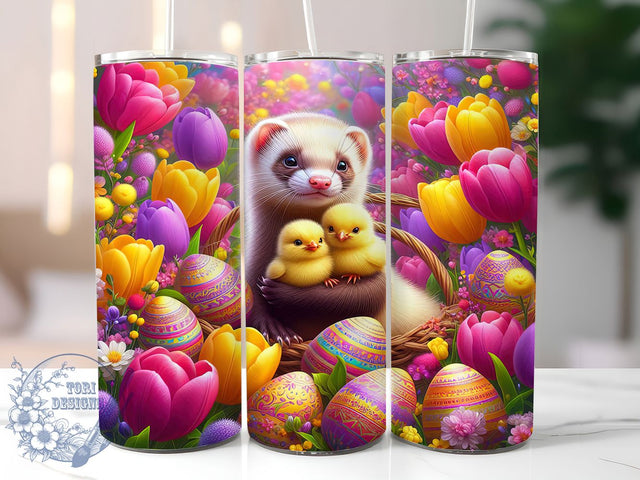 Spring Tulip Easter Ferret Tumbler, Cute Ferret Tumbler, Spring Animal Wrap, Rustic Ferret Wrap, Tulip Wildlife Wrap, Sublimation Design, Trendy Gift Idea Sublimation ToriDesigns 