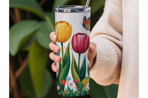 Spring Tulips and Butterflies 20oz Sublimation DesignSVG 
