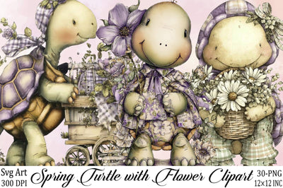 Spring Turtle with Flower Clipart Bundle. Sublimation SVGArt 