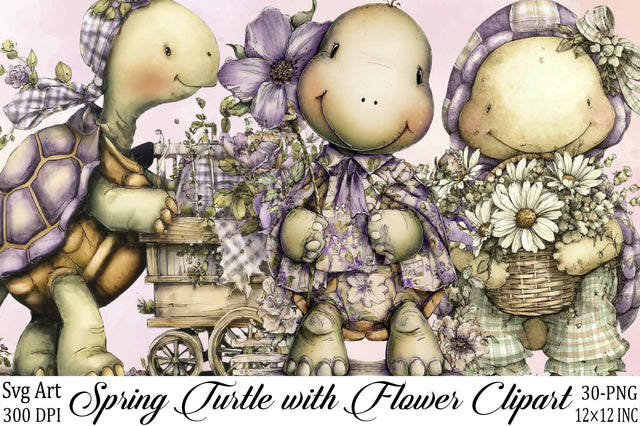 Spring Turtle with Flower Clipart Bundle. Sublimation SVGArt 