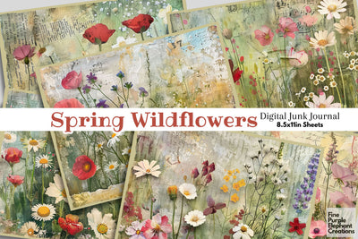 Spring Wildflower Fields Digital Junk Journal Double Pages Digital Pattern Fine Purple Elephant Creations 