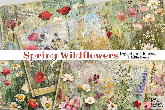 Spring Wildflower Fields Digital Junk Journal Double Pages Digital Pattern Fine Purple Elephant Creations 