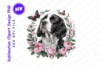 Springer Spaniel Portrait Surrounded By Pink Peonies And Butterflies Artistic Illustration Sublimation Regulrcrative 