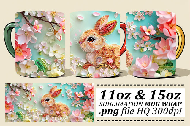 Springtime Bunny Family Mug Design, Sublimation Wrap, 11oz 15oz, 3D Easter Art, Happy Easter Sublimation afrosvg 